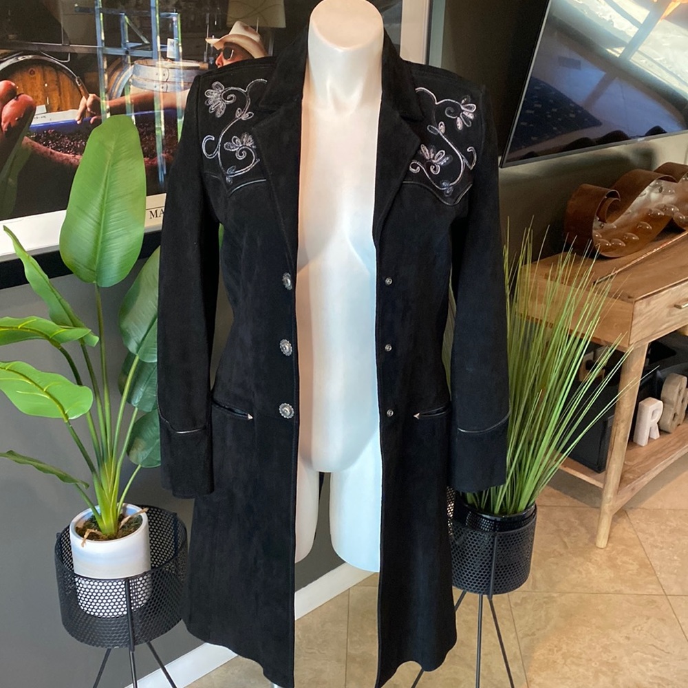 Cripple Creek Sueded Leather Embroidered Cowgirl Trench Coat Jacket